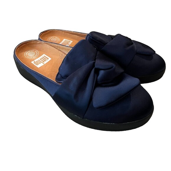Fitflop Womens Superskate Satin Large Bow Navy Blue Mule Slide Flats Shoe Size 8 - Picture 1 of 10
